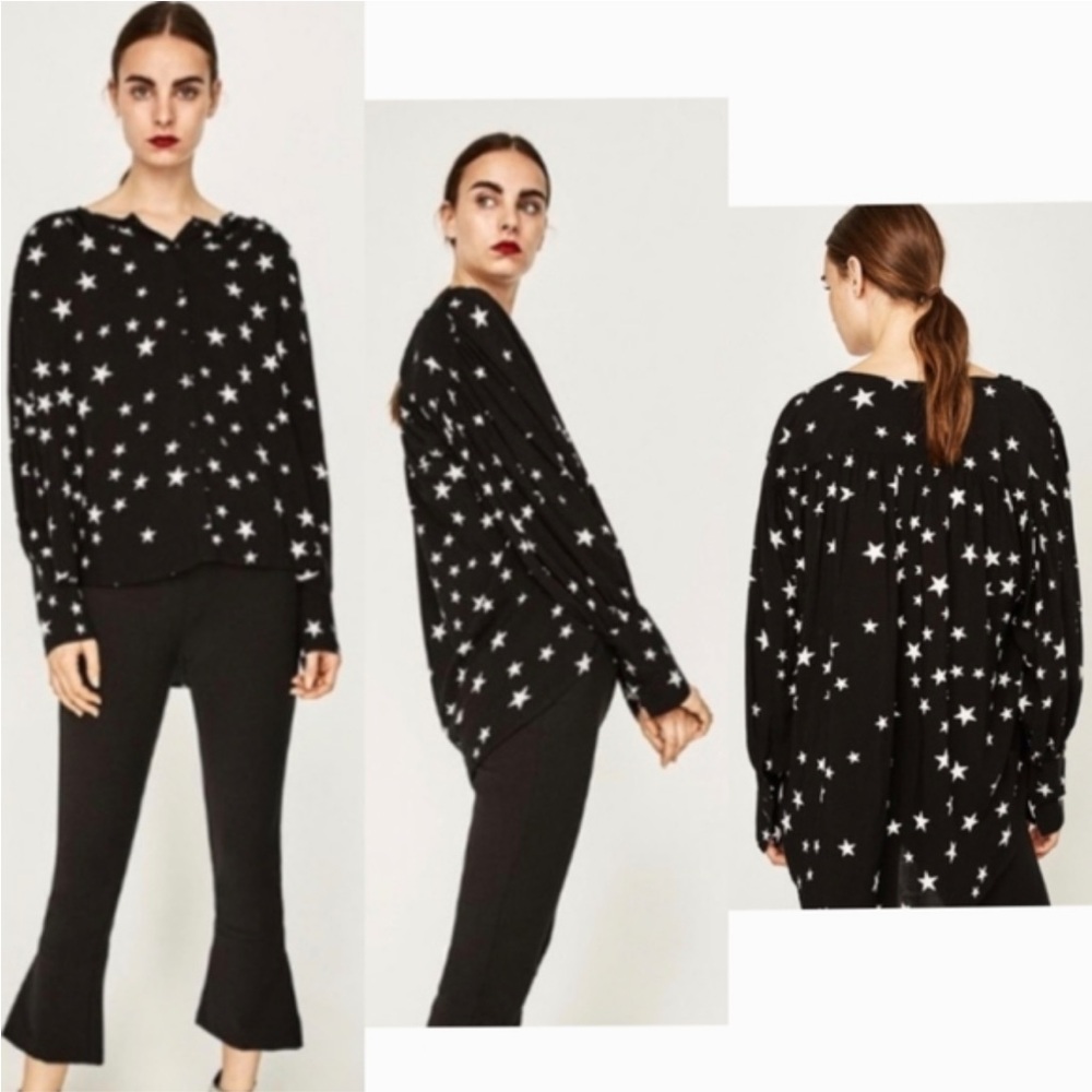 Zara Black and White Star Pattern Blouse Small Fits Generous Longer Back